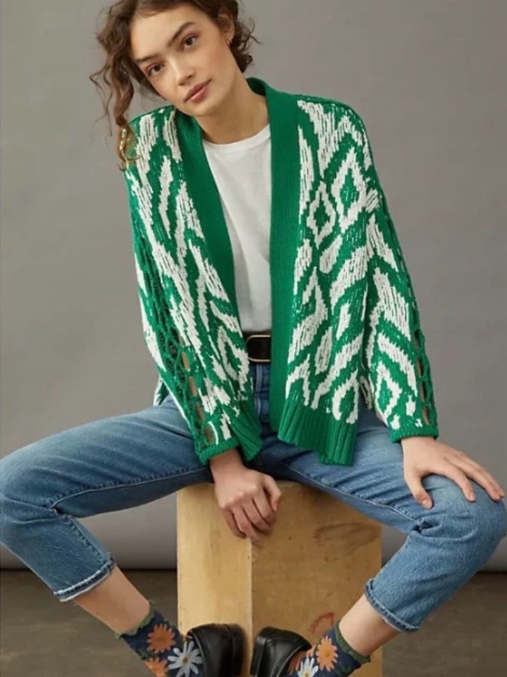 Anthropologie Green and White Open-Front Ikat Intarsia Cardigan